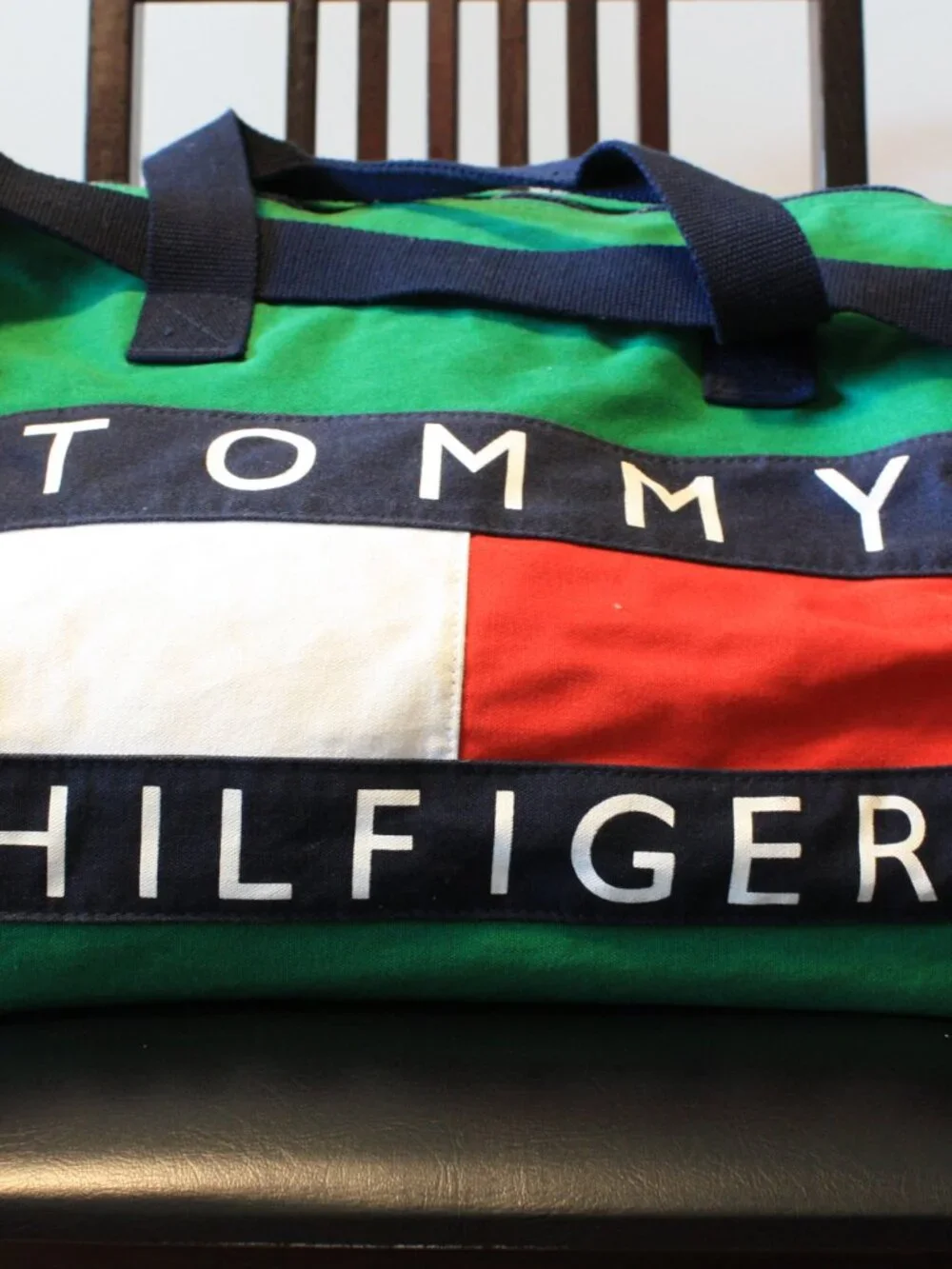 Tommy Hilfiger, Barrel Style gym tote. Green, red, white and blue